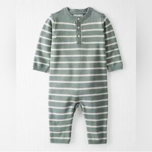 Little Planet Striped Sage Green and White Organic Cotton Knit Jumpsuit 3M